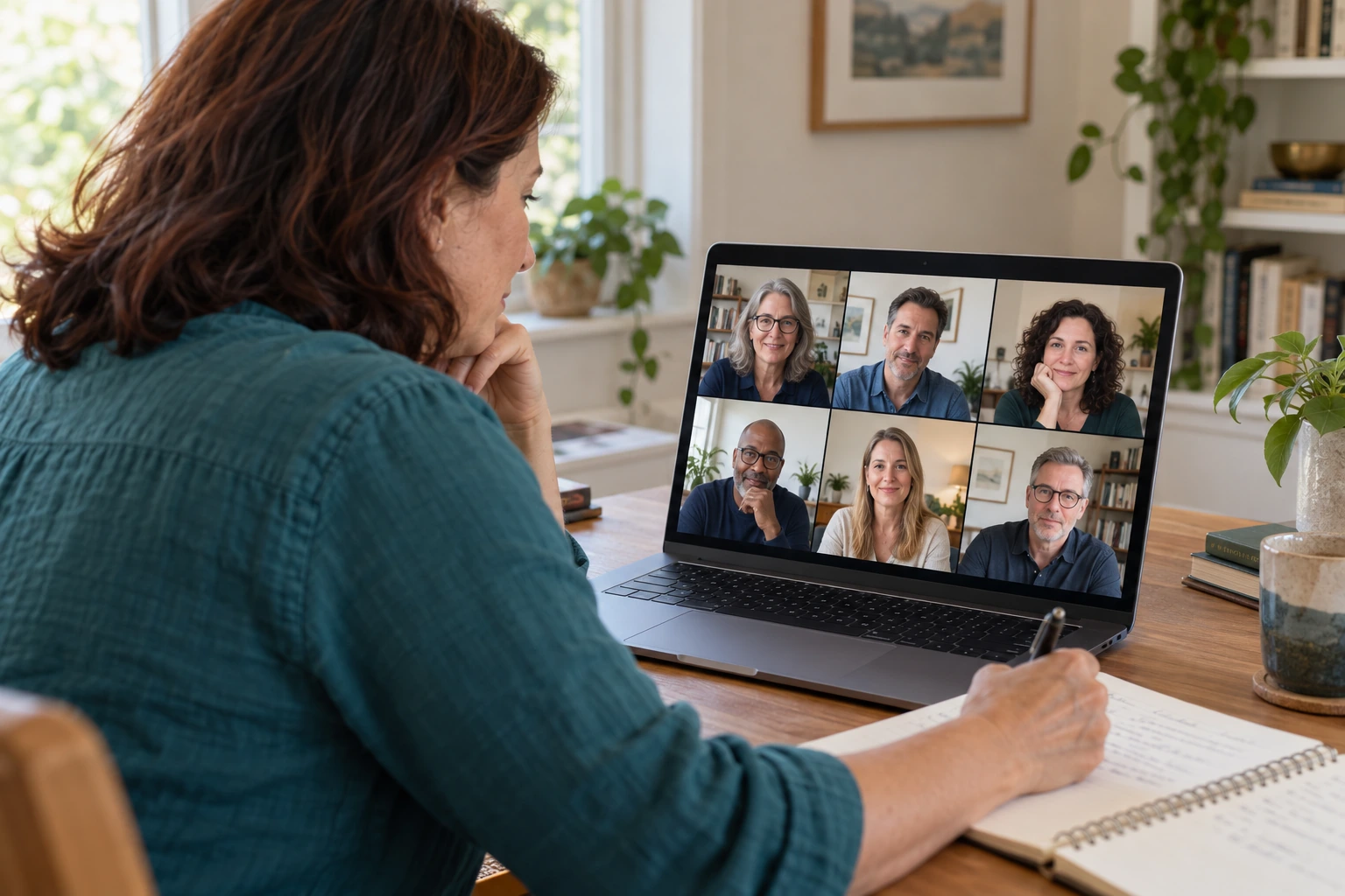 Illustrative live online coaching training with a learner taking notes during a small-group video call.